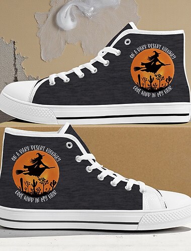  Blå høye sneakers i lerret med heksetrykk til dame – uformelle Halloween-festsko til hverdagsbruk