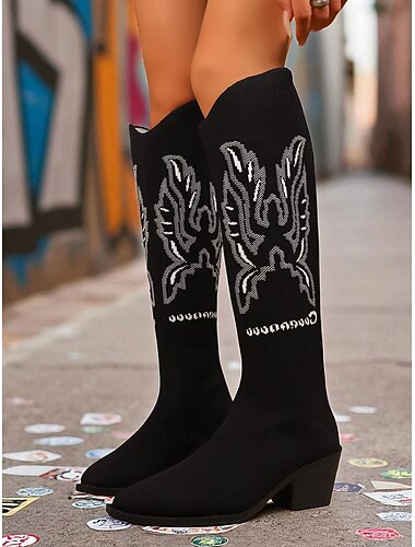  Women's Black Knit Knee High Boots with Embroidered Western Design – Comfortable Block Heel Cowboy Style Boots for Casual Streetwear and Festivals