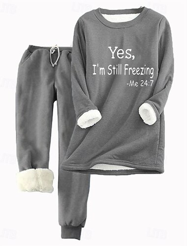  Dame Elegant Varm Mote Todelt sett Joggedress Buksesett Langermet Biskop Crew-hals Grafisk Bokstaver Trykt mønster utendørs Feriereise Avslappet Rosa Mørk Rosa Blå Høst Normal