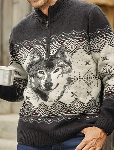  בגדי ריקוד גברים חיה זאב גאומטרי סוודר האי הוגן סוודר רוכסן סוודר פולו צווארון רוכסן יום יומי חופשה בית יומי רוכסן סריגה Keep Warm שרוול ארוך סתיו חורף אפור