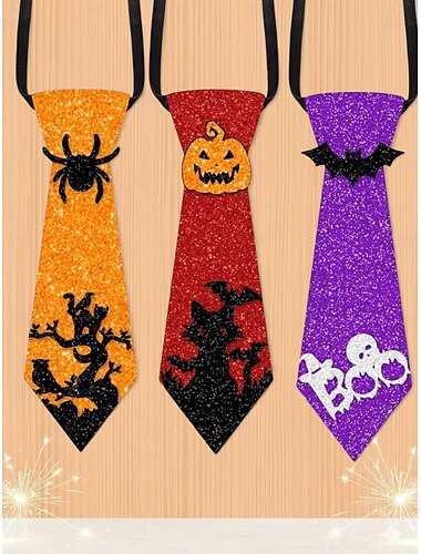  Halloween glitter stropdasset voor dames - 3 glinsterende stropdassen met pompoen, spin en vleermuis voor kostuumfeesten en cosplay-accessoires