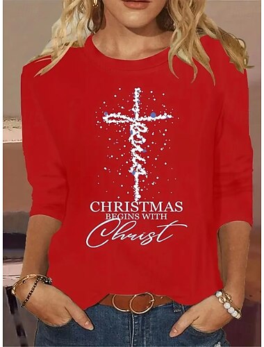  Natale Per donna Maglietta Grafico Lettera Croce Vintage Moda Elegante Manica Lunga Girocollo Top Regolari Quotidiano Weekend Stampato Nero Rosso Primavera Autunno Inverno