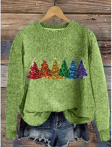  Damen Pullover Lässig Grafik Weihnachtsbaum Rundhalsausschnitt Gestrickt Langarm Normale Oberteile Stricken Arbeit Schwarz Grün Herbst Winter