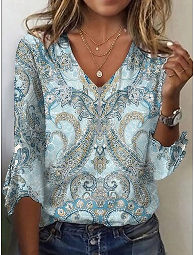  Női Póló Henley ing Ombre Virágos Régies (Vintage) Szüret Stílusos Alap Háromnegyedes V-alakú Normál felsők Hétvége Gombok Nyomtatott Medence Égszínkék Rózsaszín Nyár Tavasz Ősz
