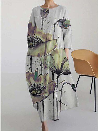  Női Maxiruha A vonalú ruha Fit and Flare ruha Buli Születésnap Alkalmi Parti Iroda Esküvői vendég Laza öltözet Virágos Grafika Hosszú ujj Terített nyak Sárga Arcpír rózsaszín Medence Lóhere Tavasz
