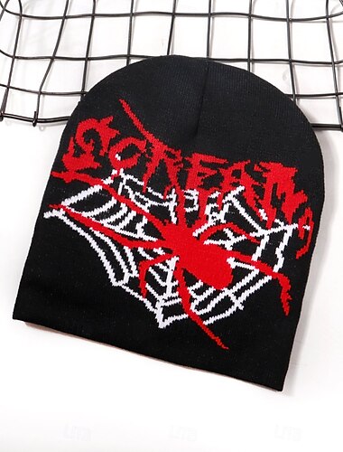  Homens Unisexo Gorro Chapéus de inverno Gorros 骷髅头毛线帽 Chapéu de malha Preto Amarelo Fibras Acrilicas Jacquard Tricotado Aconchegante Dia Das Bruxas Roupa Diária Festival SPIDER Letra teia de aranha
