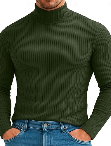  Homens Camiseta Camiseta de malha canelada T-shirt Camisa de manga longa Manga Longa Gola Alta Primavera Outono Todas as Estações Tecido Moda Designer Básico Tricôt Férias Rua Casual Azul Verde