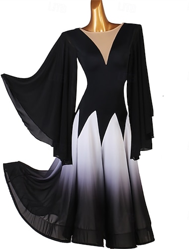  Dámské černobílé ombré šaty na společenské tance s volnými rukávy a hlubokým výstřihem do V – ideální na latinskoamerické tance, tango a taneční vystoupení