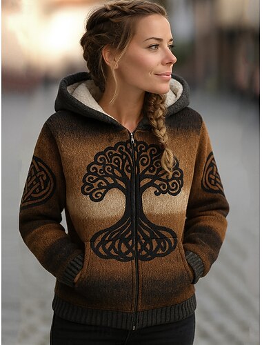 Viking Boho Women's Winter Coat Warm Lightweight Zipper Print Fleece Lined Elegant Vintage Fashion Geometric Home Work Casual Zipper Regular Hooded Loose Fit Long Sleeve Outerwear