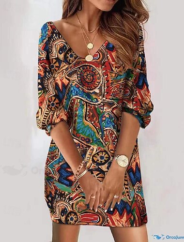  Damen Minikleid Etui-Kleid Shiftkleid Party Lässig Boho Geburtstag Täglich Cocktailparty Normale Passform Blumen Grafik Stammes Langarm V Ausschnitt Braun Frühling Herbst Winter