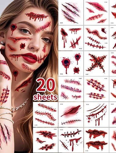  20 ks vtipných halloweenských&amp;Strašidelné samolepky na obličej pro dospělé, dekorace na tělo a obličej, kostýmní párty, žertíky, strašidelné samolepky na obličej, doplňky k kostýmům, hororový
