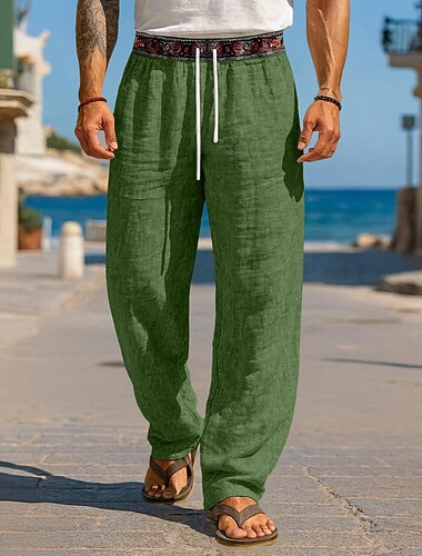  Hombre Pantalones de lino Pantalones Pantalones de verano Pantalones anchos Pantalones de playa Correa Retazos Cintura elástica Geométrico Comodidad Transpirable Longitud total Casual Diario Festivos