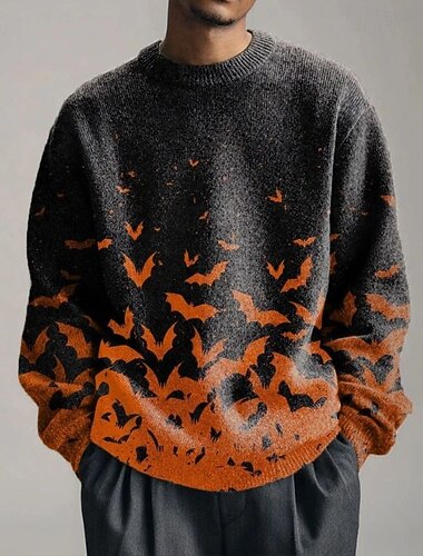  Homme Pull Pull Tricoté Côtelé Tricoter Hauts Réguliers Tricoté Imprimé Chauve souris Col ras du cou Halloween Vacances Tenue quotidienne Vêtement Tenue Épaules tombantes Automne Hiver Noir S M L