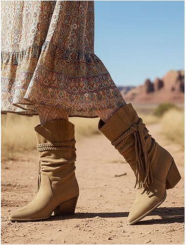  Women's Bohemian Suede Mid Calf Boots with Braided Tassel Design and Chunky Heel -Retro Western Style Casual Party and Festival Footwear