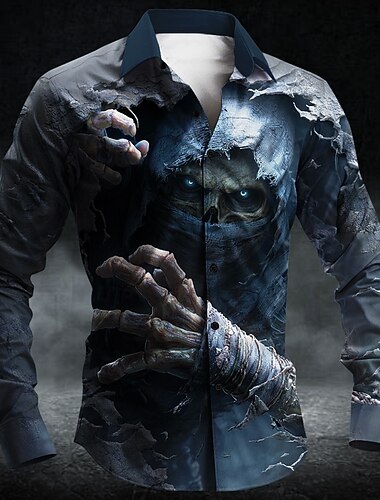  Halloween Homme Crâne Faucheuse Horreur Chemise Chemise Boutonnée manche longue Punk gothique sombre Extérieur Fête Été Printemps Col Rabattu Impression 3D chemises à col Bleu foncé#1 Bleu de minuit