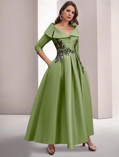  A-vonalú Estélyi Ruha Elegáns Hímzett Vintage Ruha Formalis Padlóhosszú 3/4-es Ujjú Ing Gallér Szatén Appliquékkal