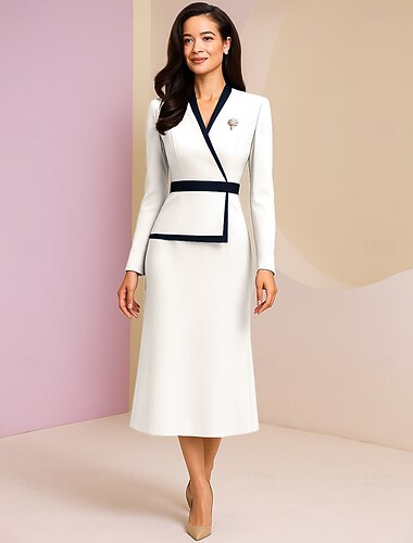  Linjeform Ankellengde Festkjole Cocktail Kjole Langermet V-hals Elegant Årgang Formell Sateng Kjole til brudens mor med Fargeblokk