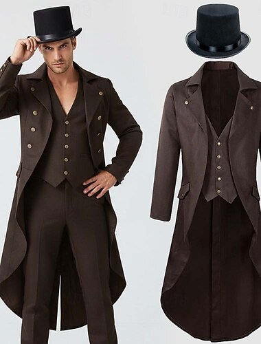  Middeleeuwse Renaissance Steampunk Jas Tuxedo Staartjas Vampier Mad Hatter Edelman Mannen Ebenezer Scrooge Elf Fantasy Steampunk Halloween Carnaval Party Avond Maskerbal Volwassenen Jas Hoed Kerst