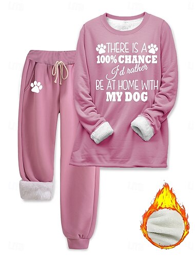  女性用 あたたか ファッション ツーピースセット トラックスーツ パンツセット 長袖 ビショップ クルーネック グラフィック レタード プリント アウトドア バケーション カジュアル ブラック ピンク ダークピンク 秋 レギュラー