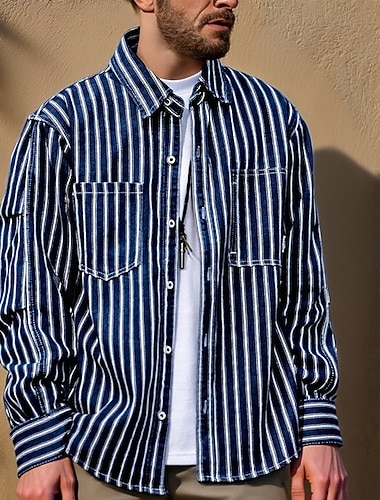 Men's Shirt Casual Shirt Button Up Shirt Denim Shirt Black Blue Long Sleeve Stripe Lapel Vacation Holiday Pocket Clothing Apparel Polyester Fashion Casual Comfortable   Men's Shirt Casual Shirt Button Up Shirt Denim Shirt Black Blue Long Sleeve Stripe Lapel Vacation Holiday Pocket Clothing Apparel Polyester Fashion Casual Comfortable