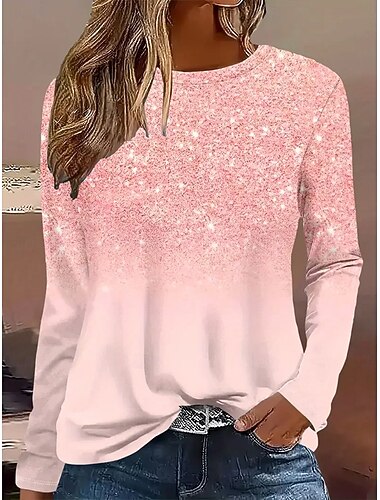  Damskie Podkoszulek Ombre Kwiaty Graficzny Zabytkowe Elegancki Klasyczny Długi rękaw Półgolf Okrągły dekolt Zwykłe topy Codzienny Nadruk Rumiany róż Niebieski Wiosna Jesień Zima