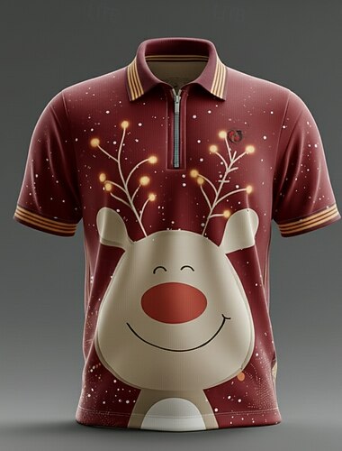  Jul Herre Reinsdyr Zip Polo Kortermet Aftæpning Fritid treningsklær Fritid / hverdag Festival 3D-utskrift Graphic Sommer Rød 1 Rosa Hvit