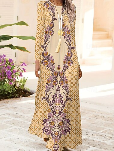  Femmes Robe Longue Maxi Robe Robe bohème Élégant ancien Mode Extérieur Quotidien Sortir Coupe régulière Graphique Fleur manche longue Col ras du cou Noir Jaune Rose Claire Bleu Printemps Automne