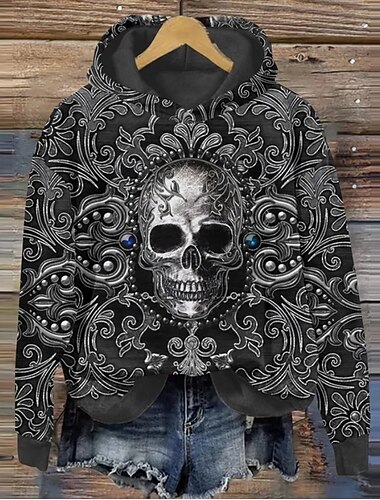  סוודר נשים פולו הודי עם הדפס מפלצת קז'ואל עם שרוול ארוך טישרטים רגילים דפוס קז'ואל שחור אביב חורף