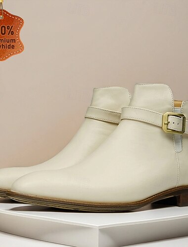  Botines con hebilla blanca para hombre, botas modernas con cremallera lateral y detalle de correa para bodas, fiestas y ropa informal de moda.
