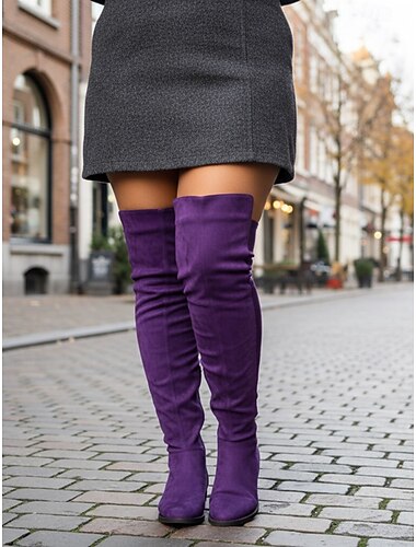  Botas femininas roxas acima do joelho de camurça sintética – botas de salto baixo elásticas até a coxa, da moda para o outono e inverno