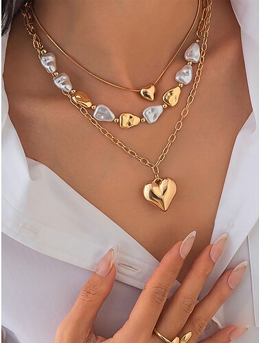  Women's Layered Heart Pendant Necklace – Gold Chain Choker with Pearl Accents, Fashion Jewelry for Parties, Dates & Daily Wear