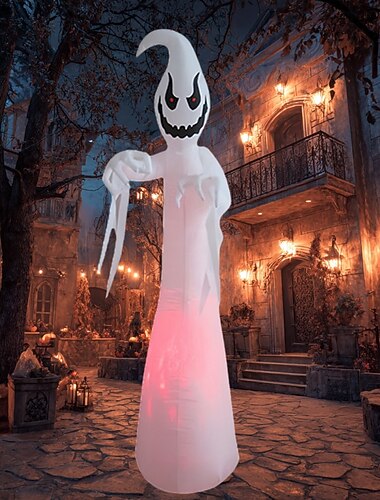  1 lámpara inflable de 2,7 m/9 pies con forma de fantasma de Halloween, con forma de llama LED blanca, ideal para interiores y exteriores, patios, jardines, fiestas, ambiente de terror, lámpara