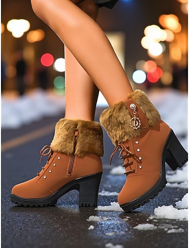  Женские черные ботильоны на шнуровке из искусственного меха с массивным каблуком – теплые зимние сапоги для рождественских ярмарок, повседневной и модной уличной одежды