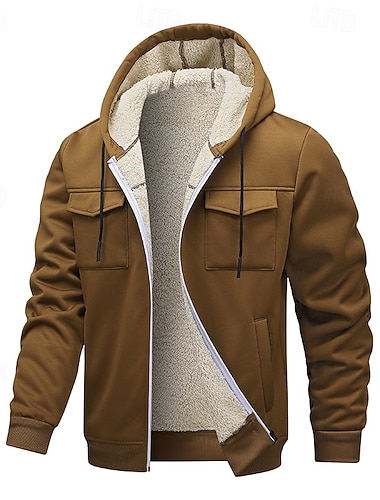  Da uomo Giacca in Pile Giacca con Cappuccio Casuale Calore Termico Giacca a Vento Tasca Pile Inverno Tinta unica Abbigliamento da lavoro Con Cappuccio Regolare Nero Blu marino Marrone Giacca
