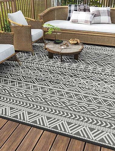  buitenmat - stevige kunststof rieten binnen-/buitenmat, beige &Bruin bloemenpatroon, antislip terrasmat voor terras, camper, camping, balkon, achtertuin - eenvoudig te reinigen vloerbescherming,