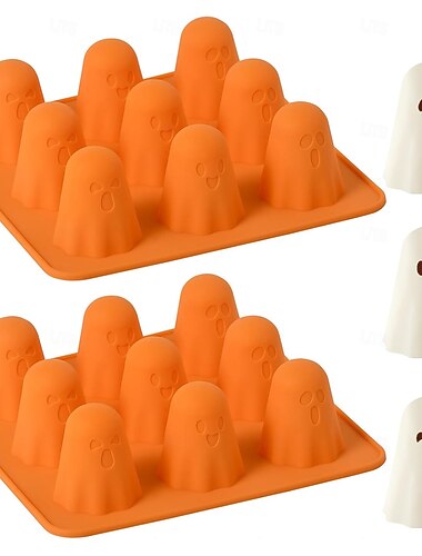  2 Packungen Halloween-Geister-Silikonformen, antihaftbeschichtet, 3D-Schokoladenformen, 9-fach, süße Geisterform für Gelee, Gummibärchen, Süßigkeiten, Pudding, Eiswürfel, Harzkuchen,