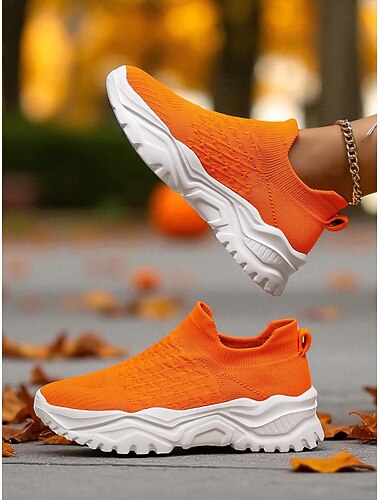  scarpe da ginnastica slip-on flyknit arancioni da donna – scarpe da passeggio leggere in mesh traspirante con suola spessa per il tempo libero e lo sport