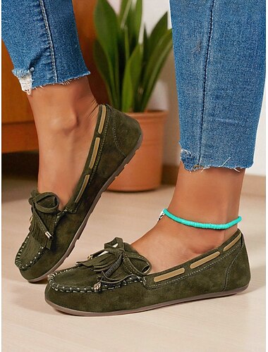  Damen armygrüne Kunstwildleder Mokassin Slipper mit Quasten und Fransen – Lässige Fahrflats für den Alltag und Spaziergänge