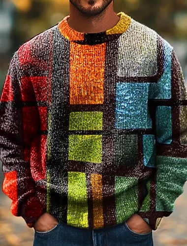  Homme Géométrique Bloc de Couleur Couleur Pull Tricots Col Rond Occasionnel Vacances Rue Quotidien Impression 3D Bloc de Couleur Tricot manche longue Automne Hiver Multicolore un Multicolore B