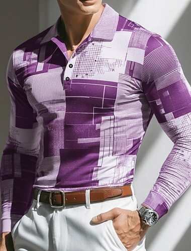  Férfi Geometriai Póló Hosszú ujj Pólóingek Hajtóka Alkalmi Szabadtéri Utca Sportruházat Hétköznapi viselet 3D nyomtatás Gombok Tavasz Ősz Tél Fekete Bíbor Szürke