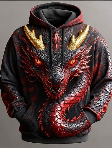  Miesten Lohikäärme 3D-tulostus Huppari College Tyylikäs Juhla Pitkähihainen Tiukka pyöreä kaula-aukko Klubi Katuvaatteet Musta 1 Musta Musta 2 Kurenauha Syksy Talvi Suunnittelija S M L XL XXL XXXL