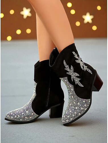  Women's Rhinestone Western Ankle Boots - Sparkly Cowboy Style Mid Heel Short Boots for Nightlife Party and Club Outfits