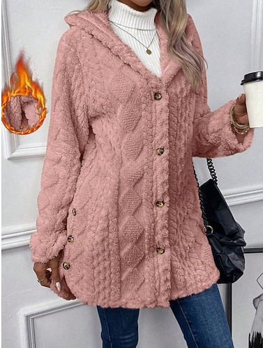  Damen Sherpa-Jacke Bequem Atmungsaktiv Tasche Knöpfe Lässig Einfach Urlaub Straße Lässig Alltagskleidung Einreihig Regulär Kapuzenpullover Normale Passform Langarm Oberbekleidung Hellblau Schwarz Rosa