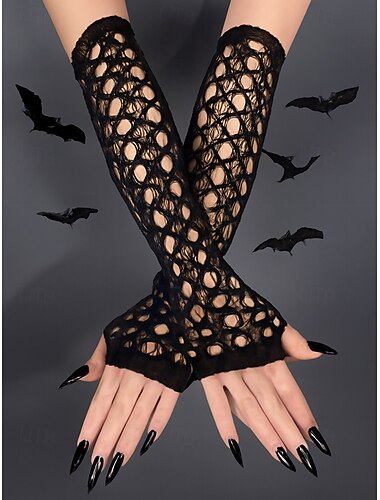  Dámské halloweenské gotické krajkové rukavice – černé síťované návleky na ruce bez prstů na párty, cosplay a kostýmy
