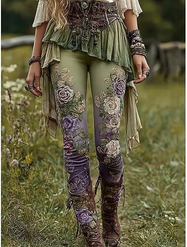 Dame Bukser Leggings Koselige leggings Ferie Årgang Gatemote Full lengde Naturlig Blomstret Grafisk Blomsternål i krystall Broderi Lomme Elastisk midje comfy Utendørs Bekvem utendørs Feriereise Gate