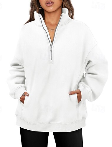  Damen Pullover Sweatshirts Sweatshirts mit Reißverschluss Einfach Sport Mode Lässig Langarm Hoher Ausschnitt Normale Oberteile Straße Alltagskleidung Ausgehen Reißverschluss Weiß Herbst Winter