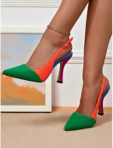  Women's Colorblock Slingback Stiletto Heels - Vibrant Pointed Toe Pumps for Party Nights, Fashion Events and Bold Streetwear Looks