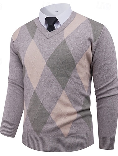  Voor heren Trui Gebreide trui Geribd breien Normale tops Gebreid Ruitjes V-hals Modieus Basic Vakantie Alledaagse kleding Kleding Lente Herfst Marineblauw Khaki S M L