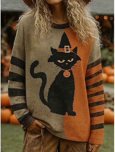 Per donna Pullover Grafico Gatto Zucca Vintage Moda Classico Manica Lunga Girocollo Top Regolari Casuale Stampato Arancione Autunno Inverno