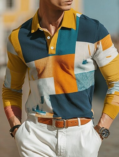  Miesten Väripalikka Polo Pitkähihainen Poolopaidat Kauluskäänne Business Casual ulko- Katu Urheilu- ja treenivaatteet Arki-asut 3D-tulostus Napit Kevät Syksy Talvi Keltainen Sininen Purppura
